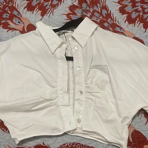 white cropped scrunched button down